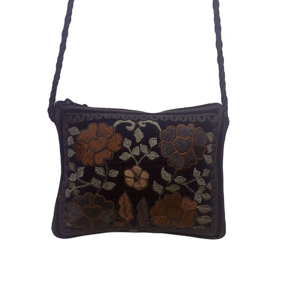 Women’s Black Velvet Floral Embroidered With Zipper Closure Crossbody Bag - Picture 1 of 9